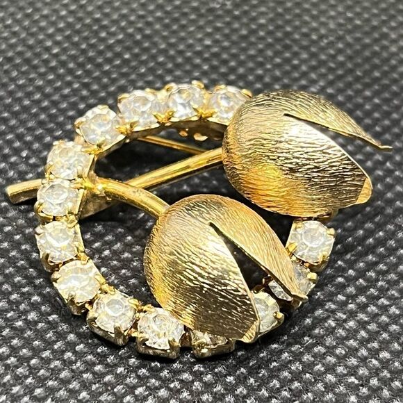 Vintage‎ Rhinestone Roses Brushed Gold Tone Brooch Pin - Picture 1 of 3
